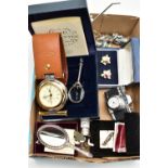 A BOX OF MISCELLANEIOUS ITEMS, to include a silver gilt masonic medal with ribbon, decorated with