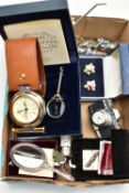 A BOX OF MISCELLANEIOUS ITEMS, to include a silver gilt masonic medal with ribbon, decorated with