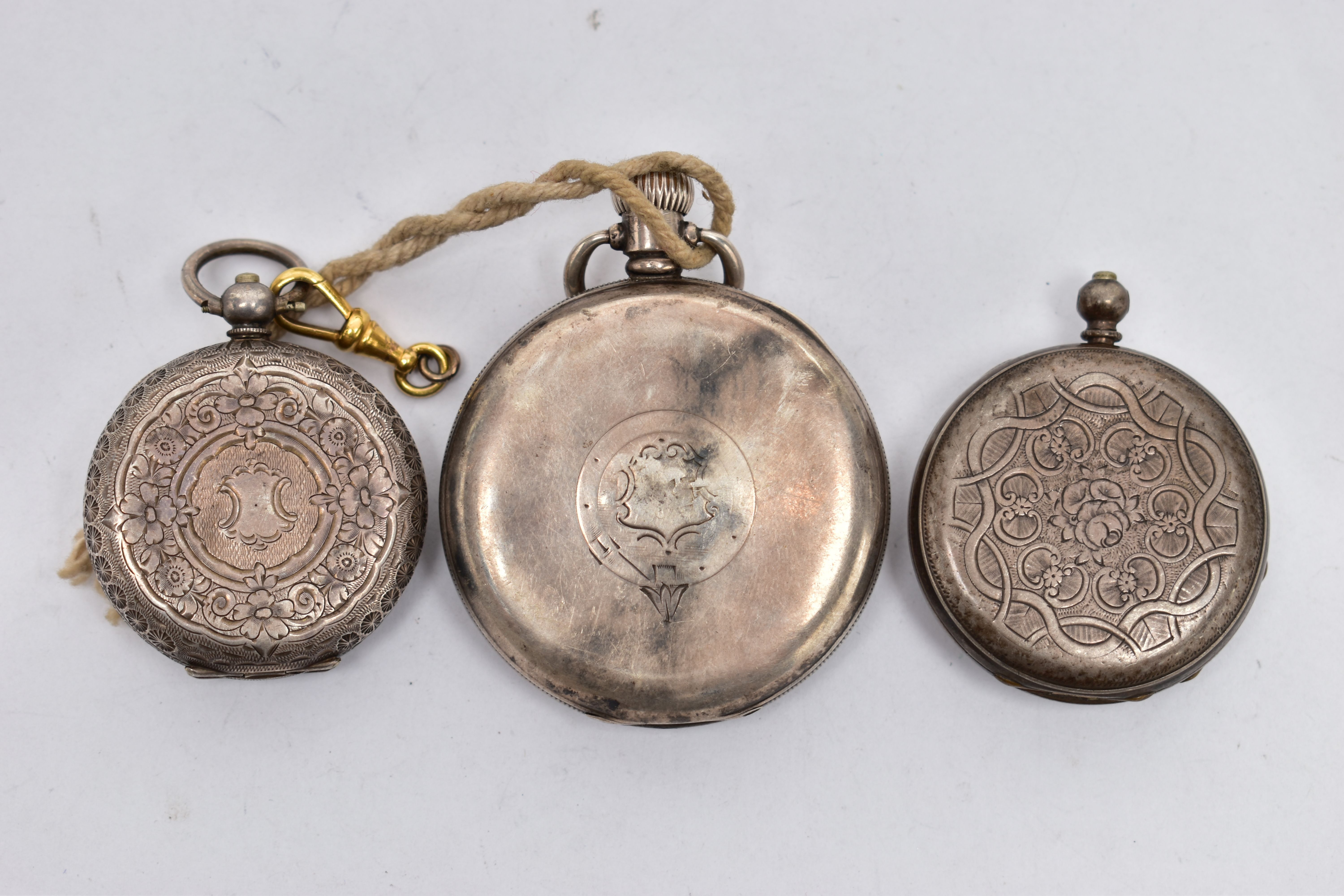THREE OPEN FACE POCKET WATCHES, the first a silver cased pocket watch, hand wound movement, Arabic - Image 2 of 5