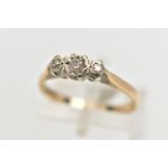 A 9CT GOLD THREE STONE DIAMOND RING, three round brilliant cut diamonds prong set in white metal