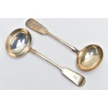 A PAIR OF VICTORIAN SILVER LADELS, fiddle pattern with monogram engraving to the handle,