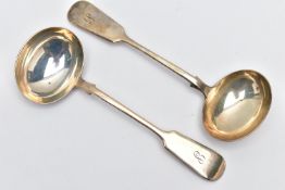 A PAIR OF VICTORIAN SILVER LADELS, fiddle pattern with monogram engraving to the handle,