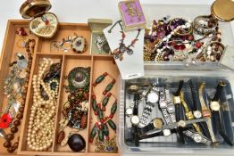 A BOX OF ASSORTED COSTUME JEWELLERY, to include imitation pearl necklaces, beaded necklaces, a