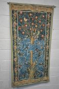 A 20TH CENTURY WALL TAPESTRY, depicting the tree of life, held by a telescopic metal pole, width