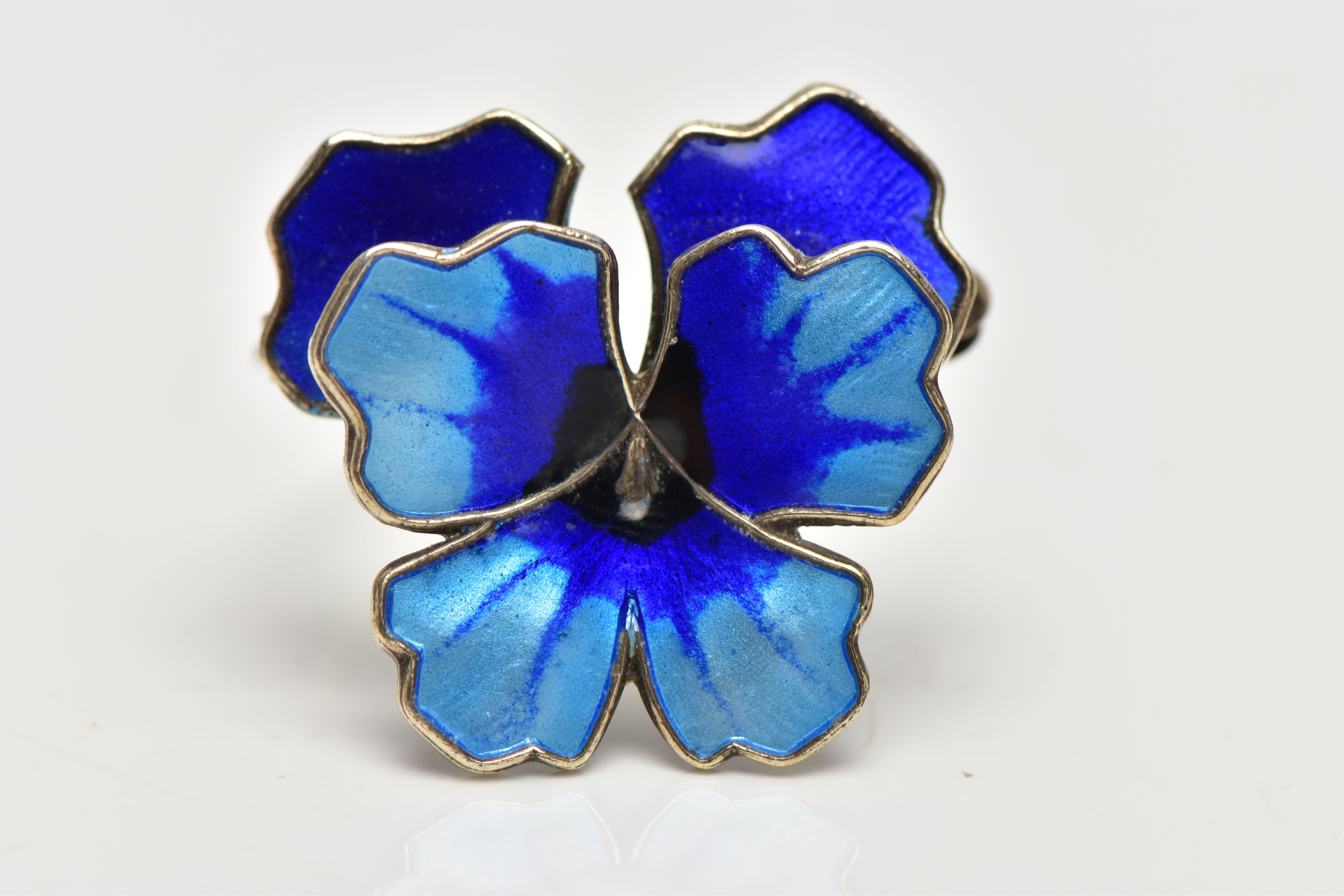 A 'DAVID ANDERSON' NORWEIGEN ENAMEL PANSY BROOCH, featuring a light and dark blue guilloche