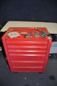 AN ENGINEERS ROLLING CHEST OF SIX DRAWERS constructed from pressed steel containing automotive and