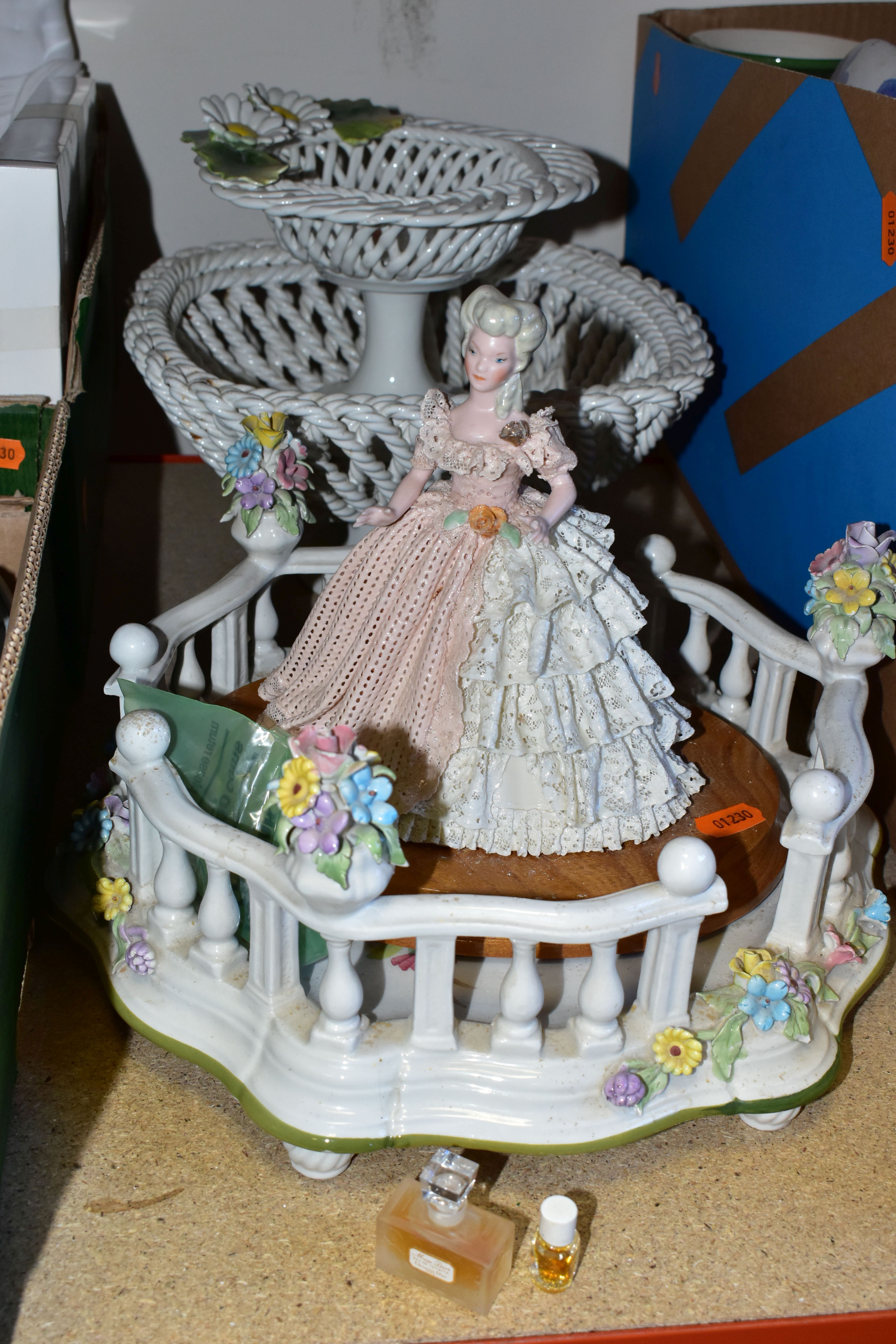FOUR BOXES OF CERAMICS AND SUNDRIES, to include two miniature mantel clocks, a miniature alarm - Image 5 of 8