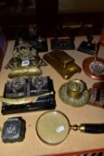 A COLLECTION OF DESK STANDS AND ACCESSORIES, to include a brass double inkwell desk stand with pen