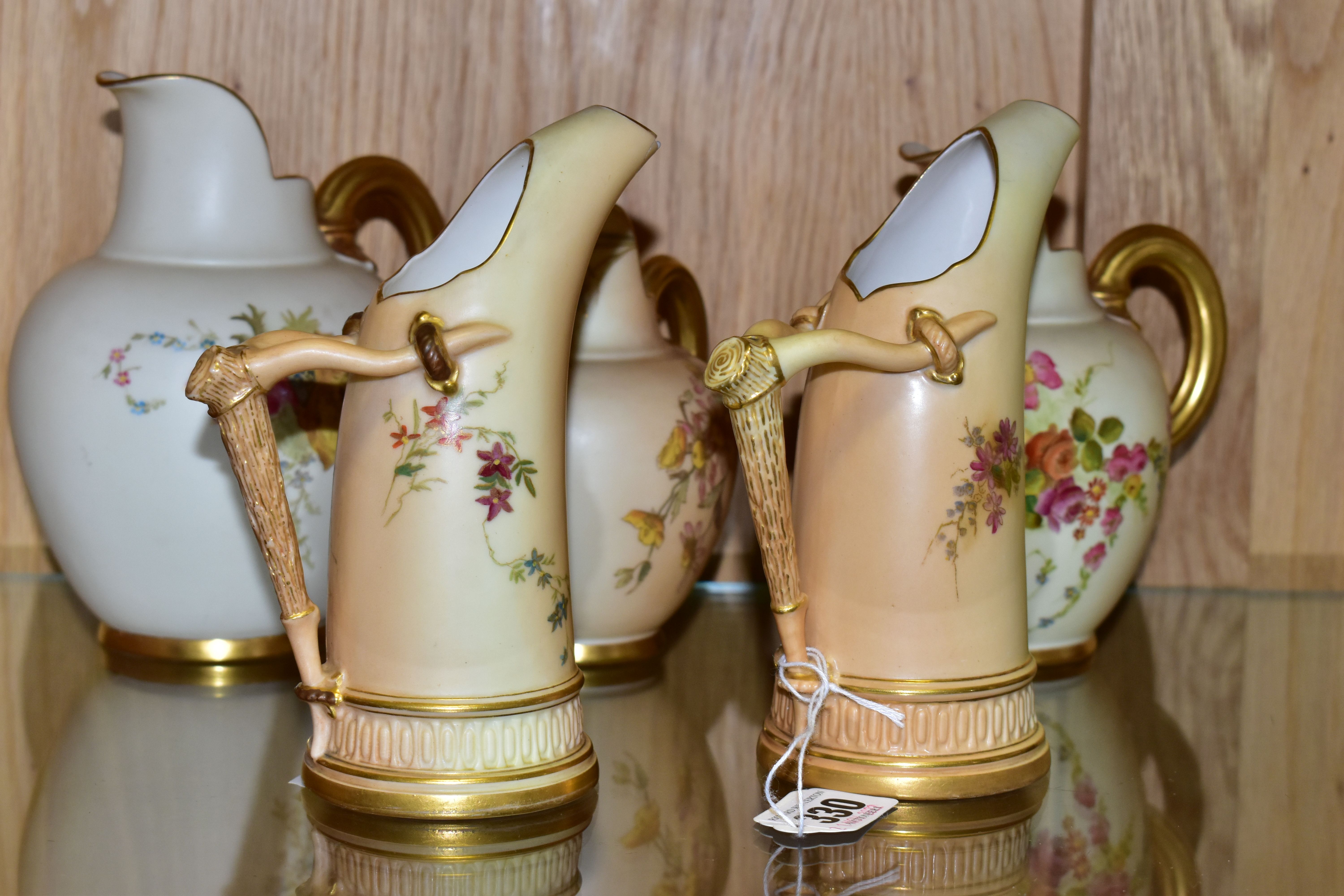 FIVE ROYAL WORCESTER BLUSH IVORY JUGS, each printed and tinted with flowers, with printed purple - Image 5 of 6