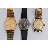 THREE GENTS WRISTWATCHES, to include a gold plated 'Omega, automatic', round discoloured champagne