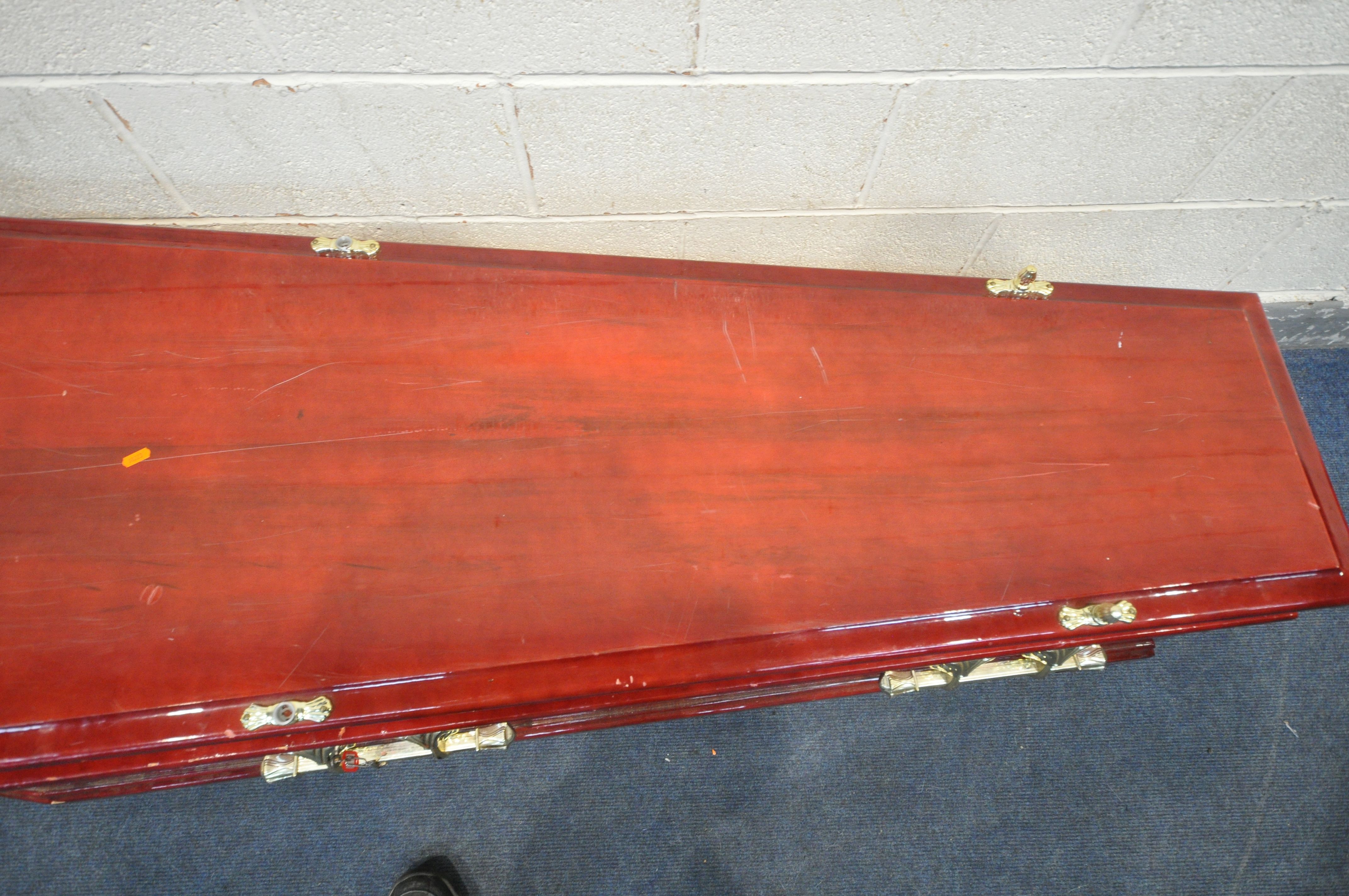 A BESPOKE COFFIN, with a glossy red finish, plastic finials and handles, length 211cm x depth 62cm x - Image 3 of 6