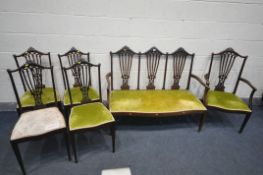 A LATE 19TH CENTURY MAHOGANY SIX PIECE SALON SUITE, with a pierced splat back, comprising a sofa,