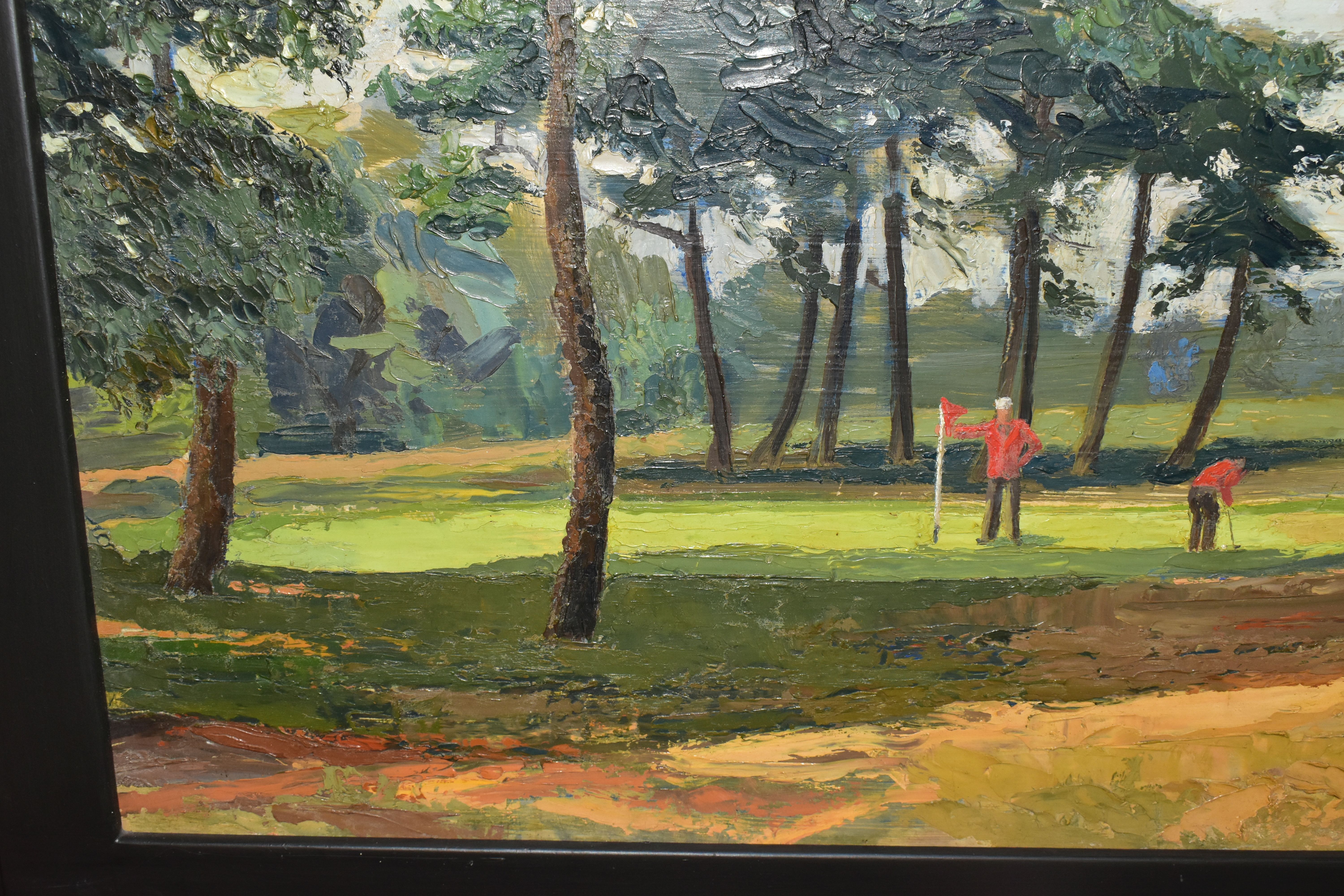 PARTICK RUSSELL WHITE (BRITISH 20TH CENTURY), 'GOLF COURSE, WIMBLEDON COMMON', two figures are - Image 6 of 6