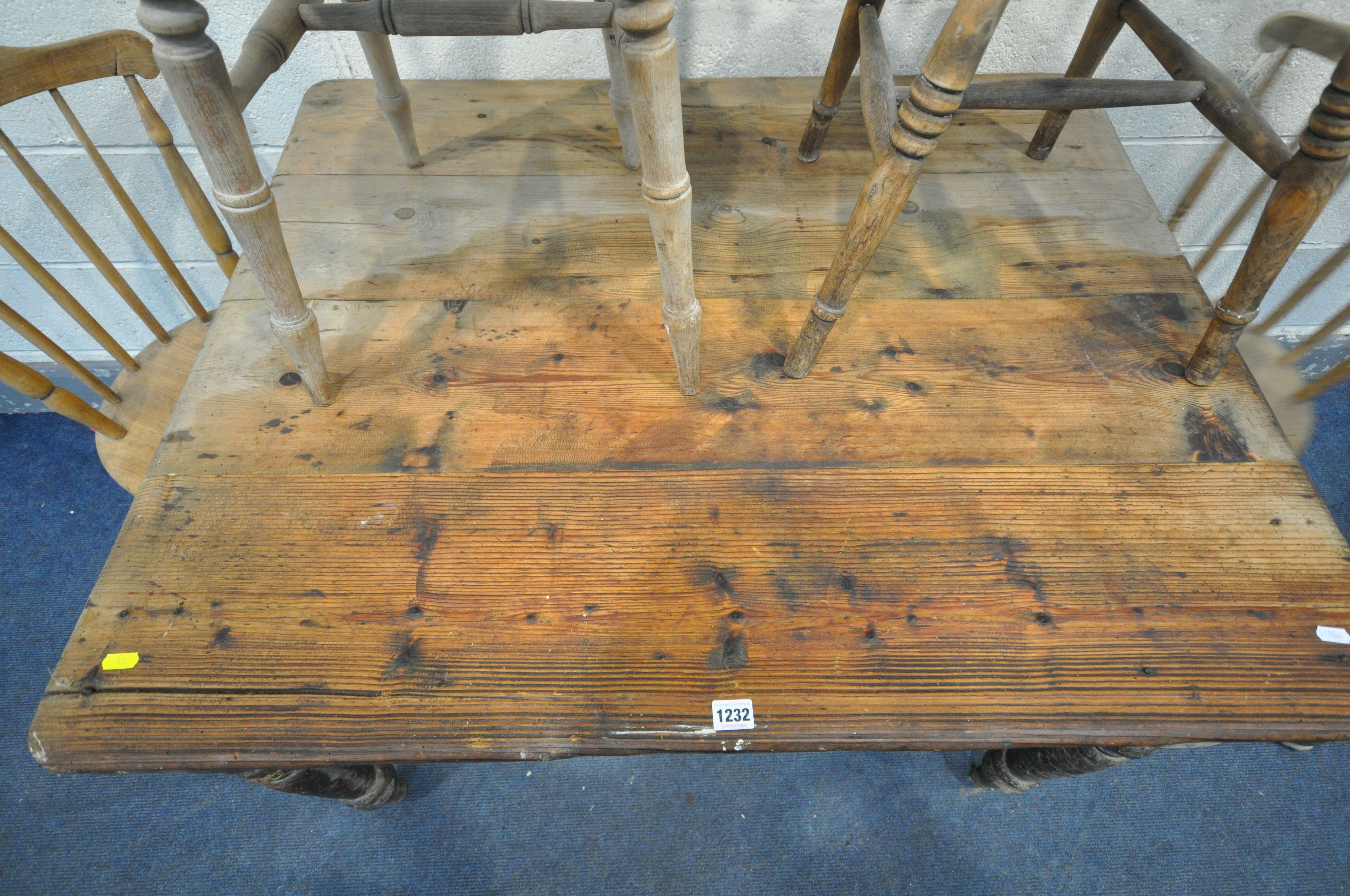 A VICTORIAN PINE KITCHEN TABLE, length 112cm x depth 93cm x height 74cm, and four country kitchen - Image 3 of 4