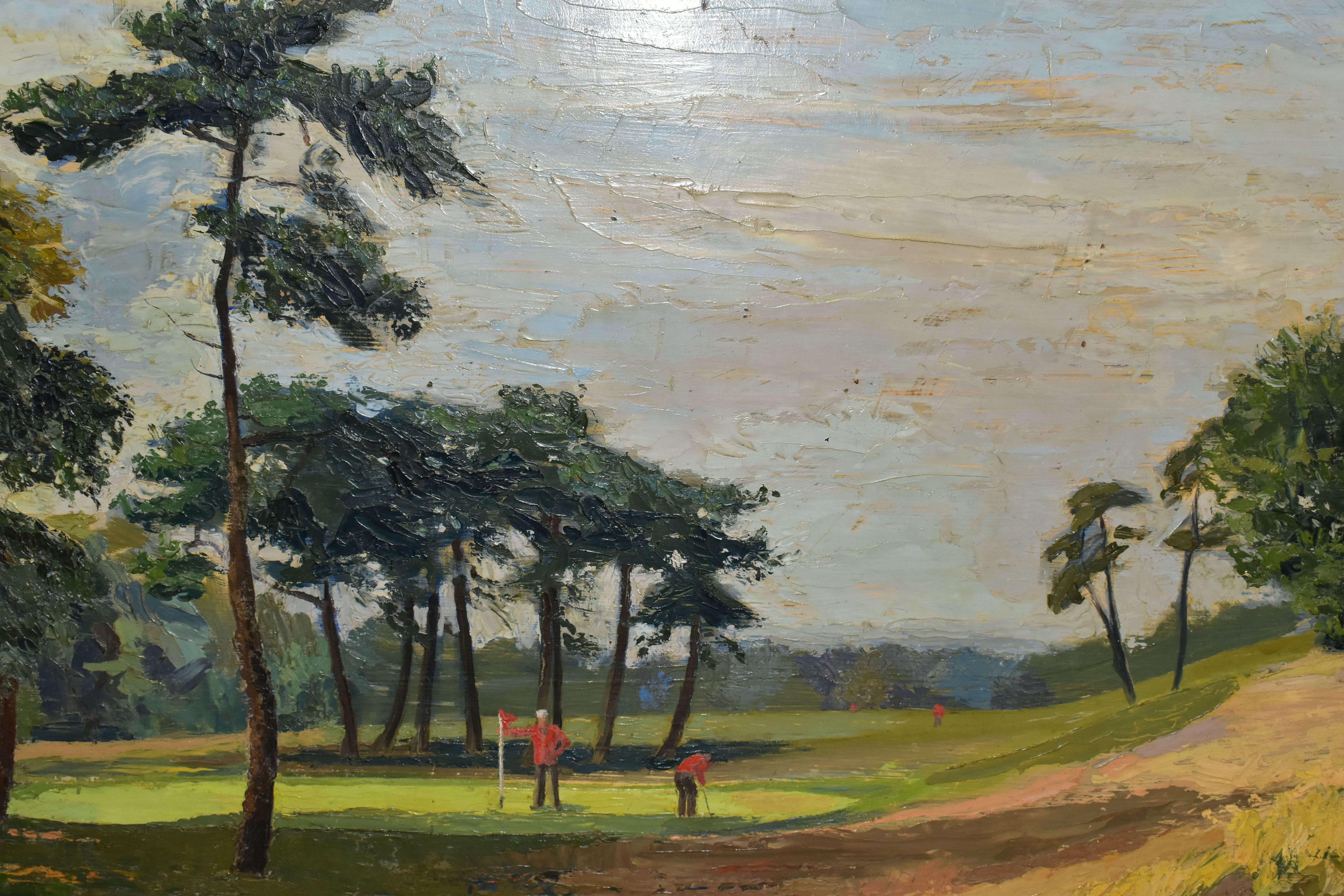 PARTICK RUSSELL WHITE (BRITISH 20TH CENTURY), 'GOLF COURSE, WIMBLEDON COMMON', two figures are - Image 2 of 6