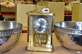 TWO PORTMEIRION ALUMINIUM BOWLS AND A BRASS MANTEL CLOCK, the bowls have the iconic Botanic Garden