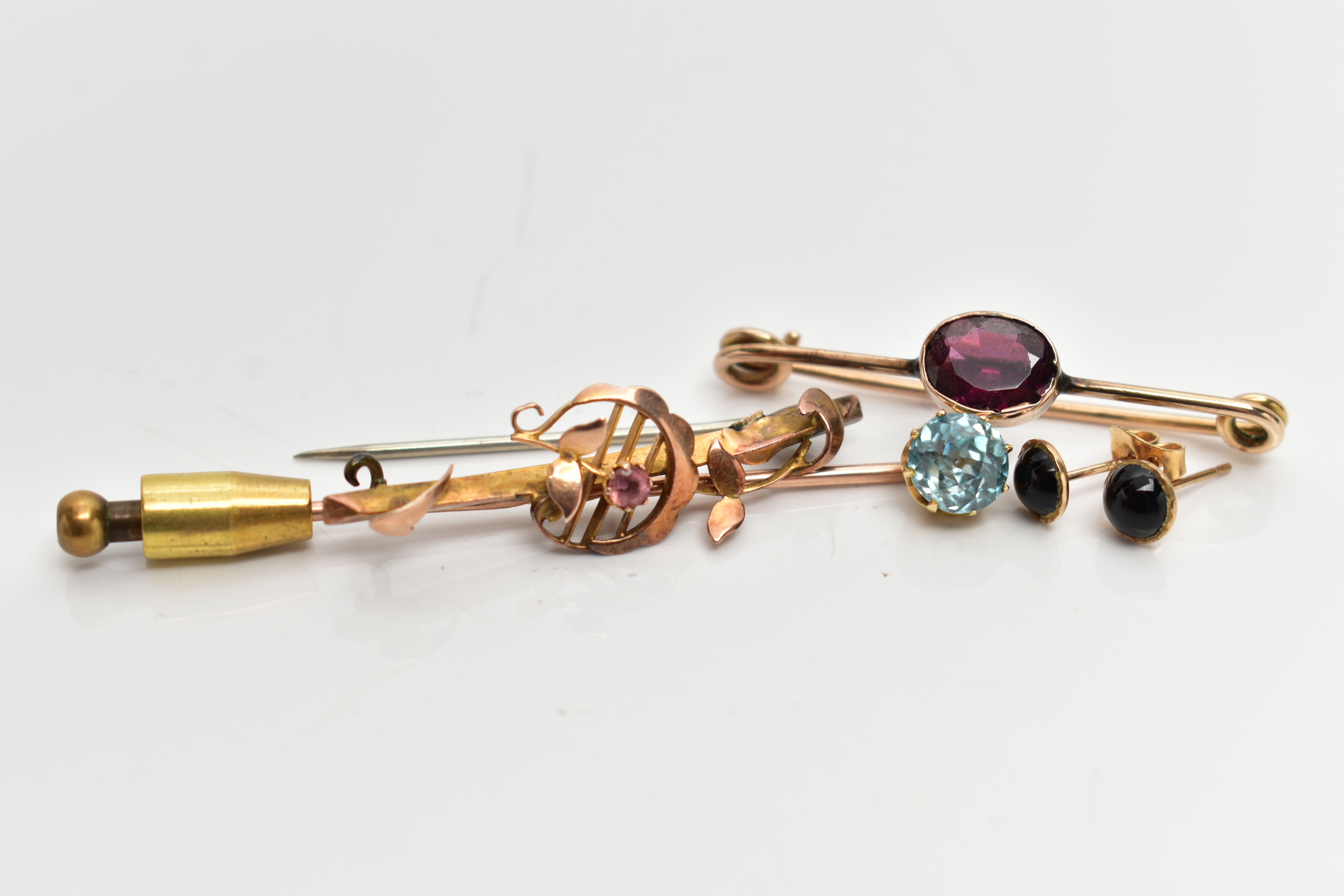TWO BAR BROOCHES, A STICK PIN AND A PAIR OF STUD EARRINGS, to include an oval cut garnet bar brooch,