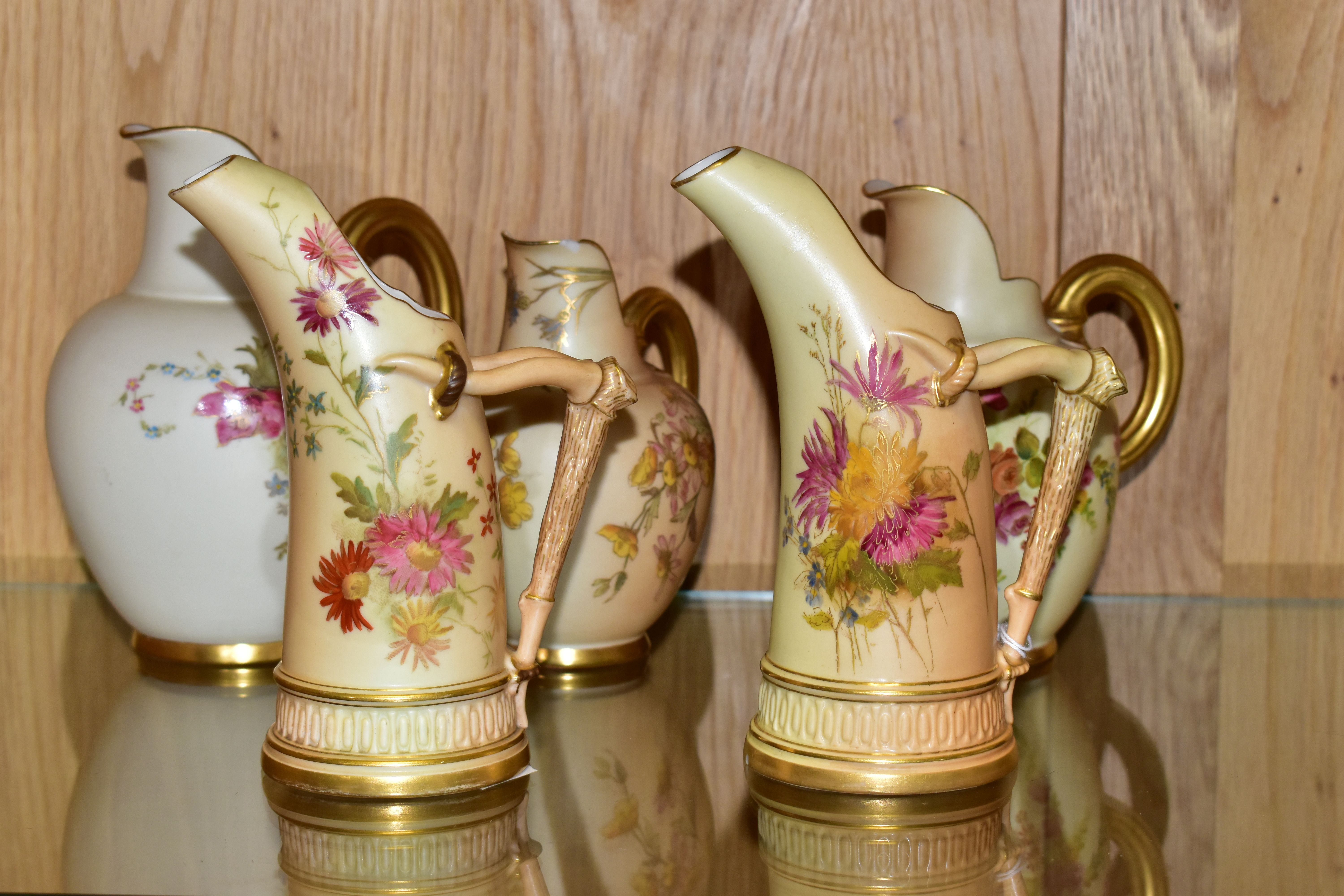 FIVE ROYAL WORCESTER BLUSH IVORY JUGS, each printed and tinted with flowers, with printed purple - Image 4 of 6