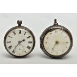 TWO SILVER OPEN FACE POCKET WATCHES, the first a George III silver cased pocket watch, key wound