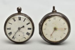 TWO SILVER OPEN FACE POCKET WATCHES, the first a George III silver cased pocket watch, key wound