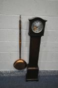 AN EARLY 20TH CENTURY OAK GRANDDAUGHTER CLOCK, height 129cm (condition:-with winding key, surface
