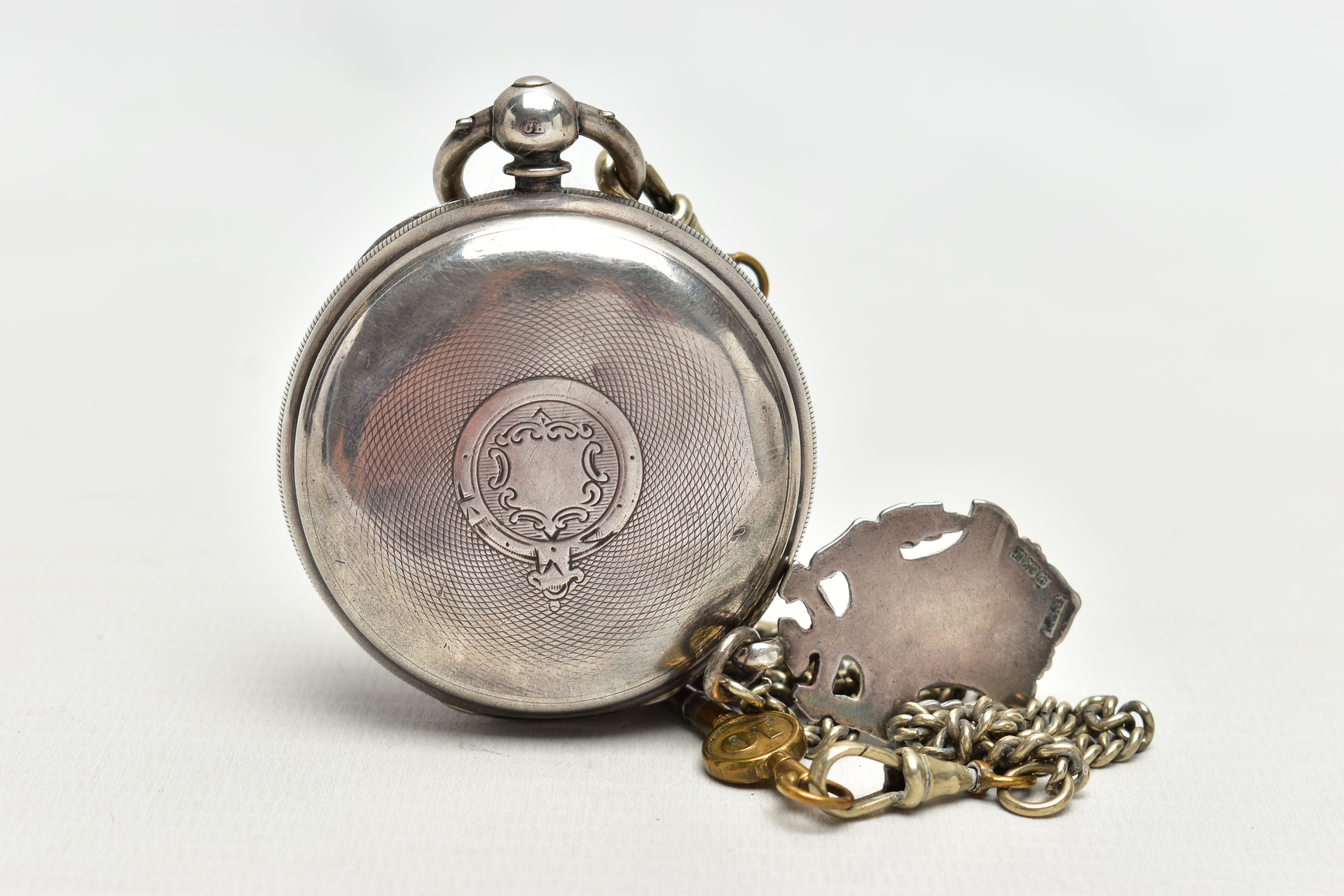 A SILVER OPEN FACE POCKET WATCH WITH ALBERT CHAIN AND FOB, key wound pocket watch featuring a - Image 2 of 5