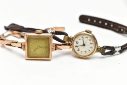 TWO 9CT GOLD WRISTWATCHES, the first a manual wind movement, discoloured square dial, Arabic