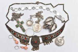 A BAG OF ASSORTED WHITE METAL JEWELLERY, to include a white metal continental pendant necklace,