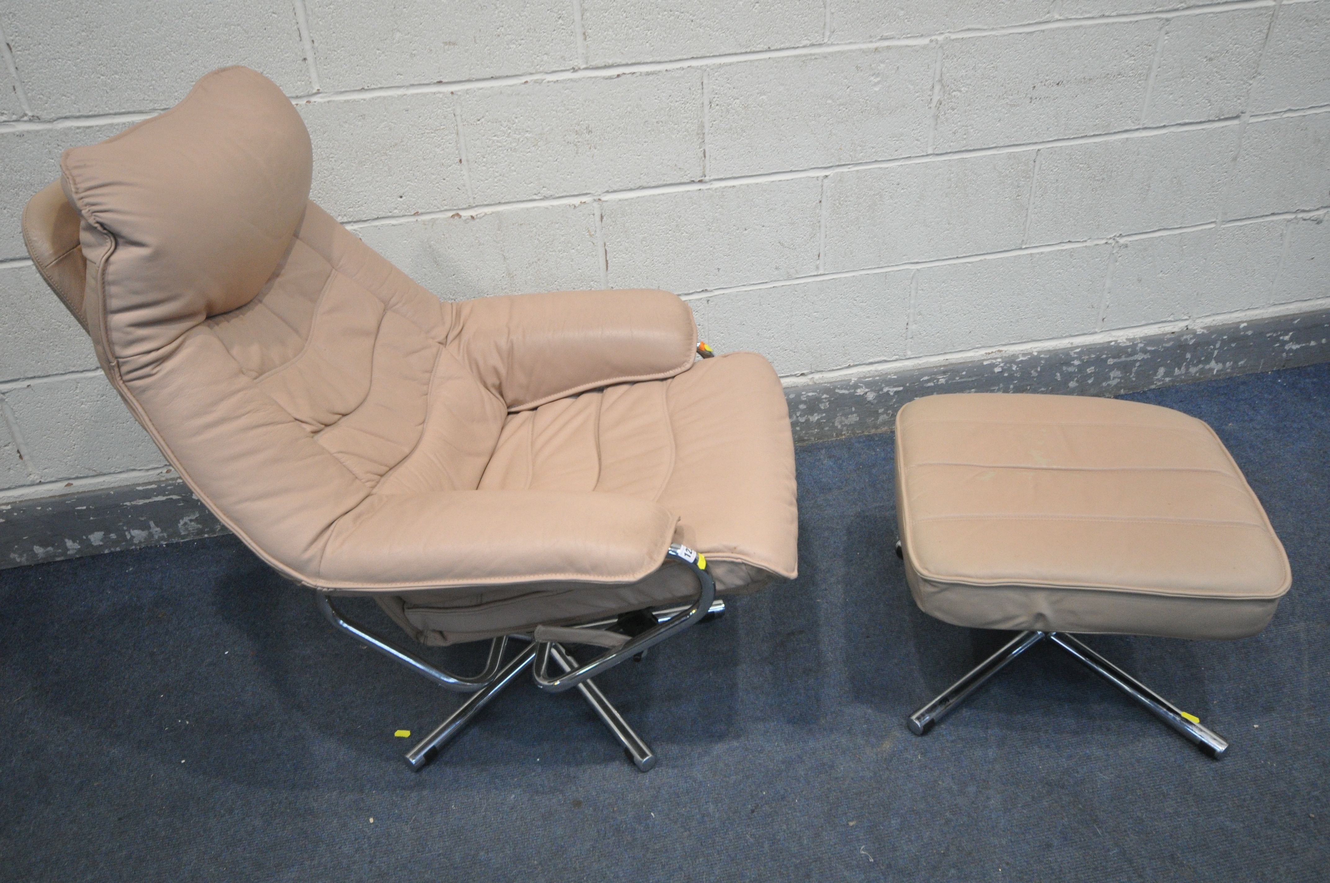 POSSIBLY SKOGHAUG INDUSTRI, A PINK LEATHER AND CHROME RECLINING ARMCHAIR, and a matching - Image 2 of 4
