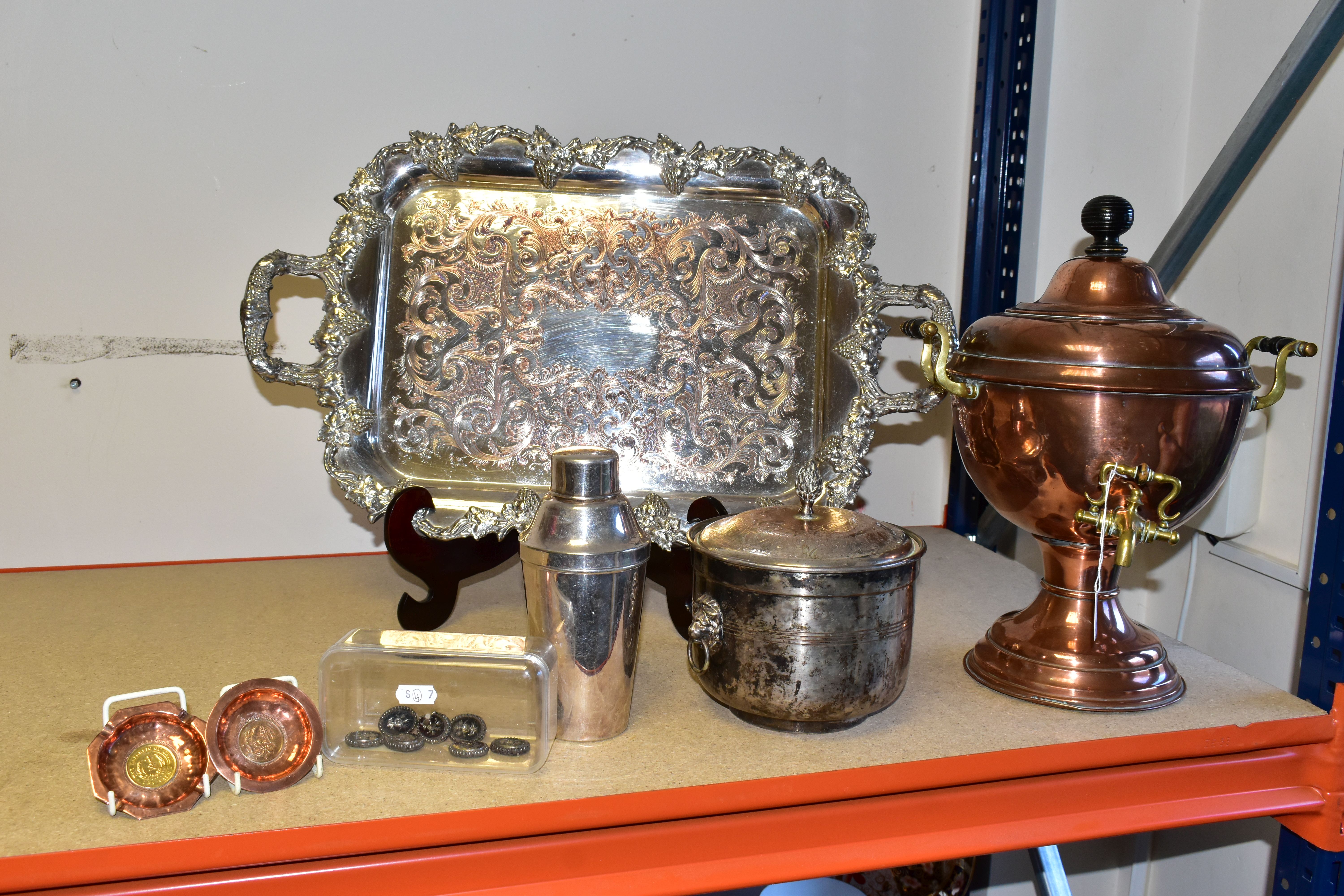 A COLLECTION OF SILVER PLATE AND COPPER SUNDRIES, to include a large EPC Sheffield reproduction