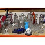 A LARGE QUANTITY OF CUT CRYSTAL DECANTERS AND COLOURED GLASS, comprising a purple ribbed vase (