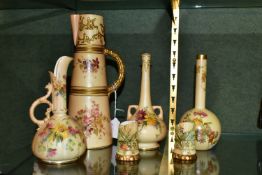 SIX PIECES OF ROYAL WORCESTER BLUSH IVORY PORCELAIN, all printed and tinted with floral sprays,