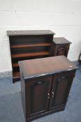 A STAG MAHOGANY OPEN BOOKCASE, width 81cm x depth 25cm x height 101cm, two mahogany cabinets (