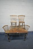 A VICTORIAN PINE KITCHEN TABLE, length 112cm x depth 93cm x height 74cm, and four country kitchen