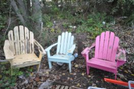 THREE ADIRONDACK STYLE GARDEN CHAIRS painted in different colours (Condition: weathered but