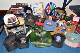 THREE BOXES OF CAR RALLY AND RACING BOOKS, EPHEMERA AND HATS, to include a vintage Alfa Romeo 100+
