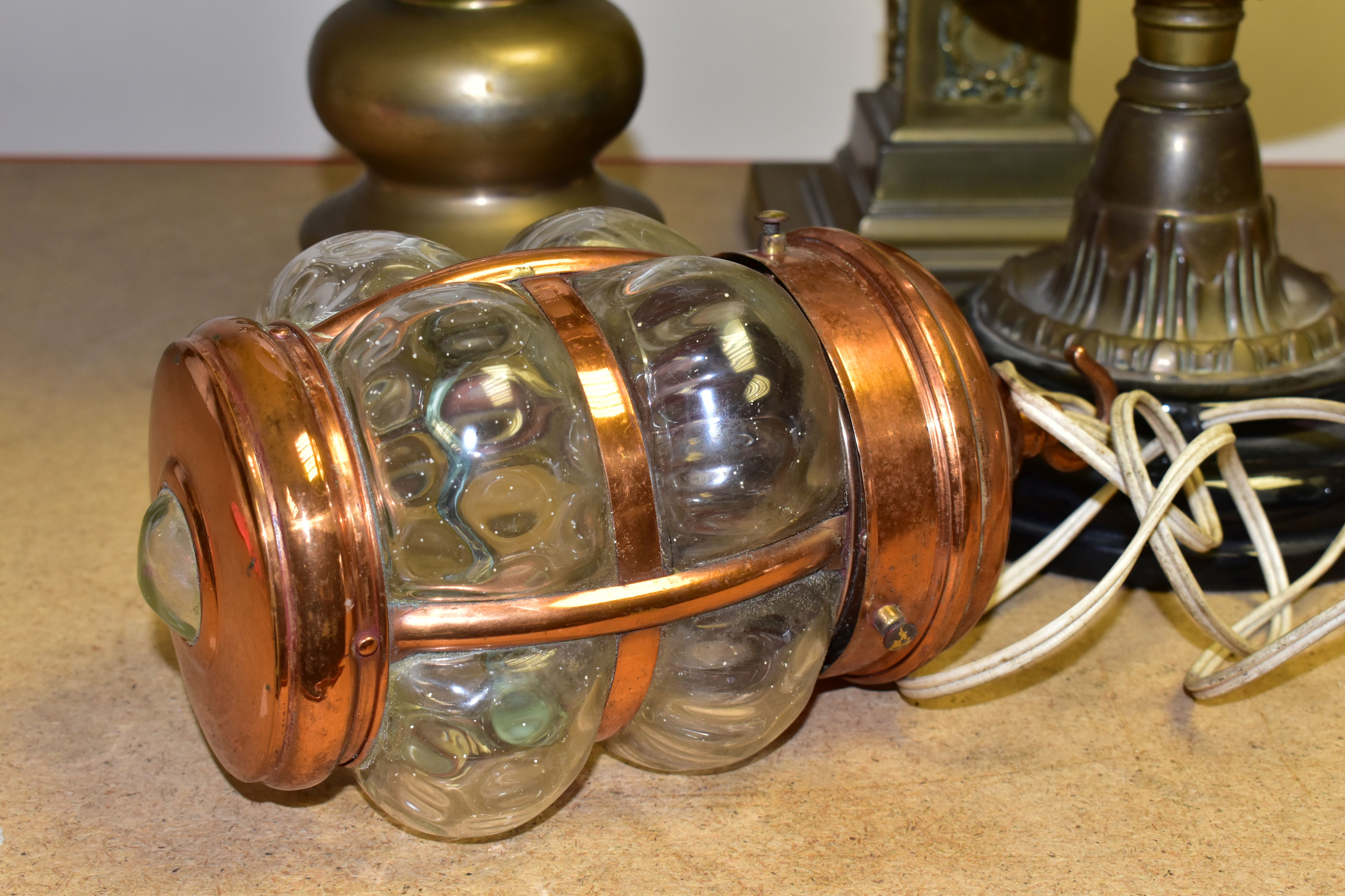 FOUR VICTORIAN OIL LAMPS, comprising an Eltex oil lamp with a brass base and fittings a white - Image 2 of 11