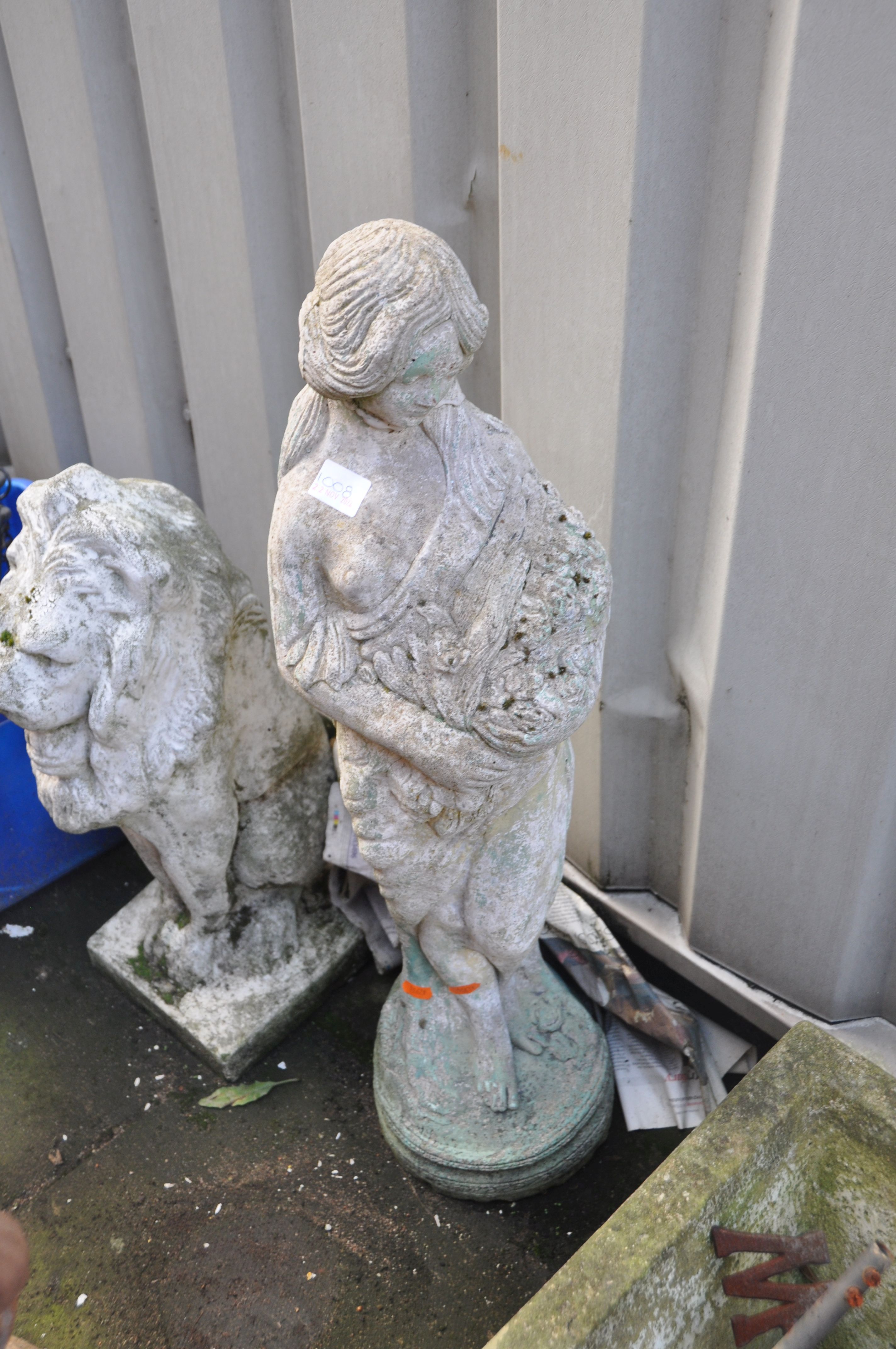 TWO COMPOSITE GARDEN FIGURES comprising of a seated lion 56cm high and a Grecian flower girl 78cm - Image 2 of 3