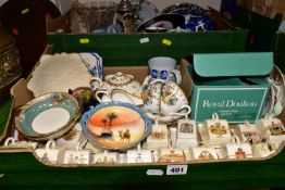 TWO BOXES OF CERAMICS, to include nineteen pieces of Crested Ware, cheese dishes, a Wedgwood glass