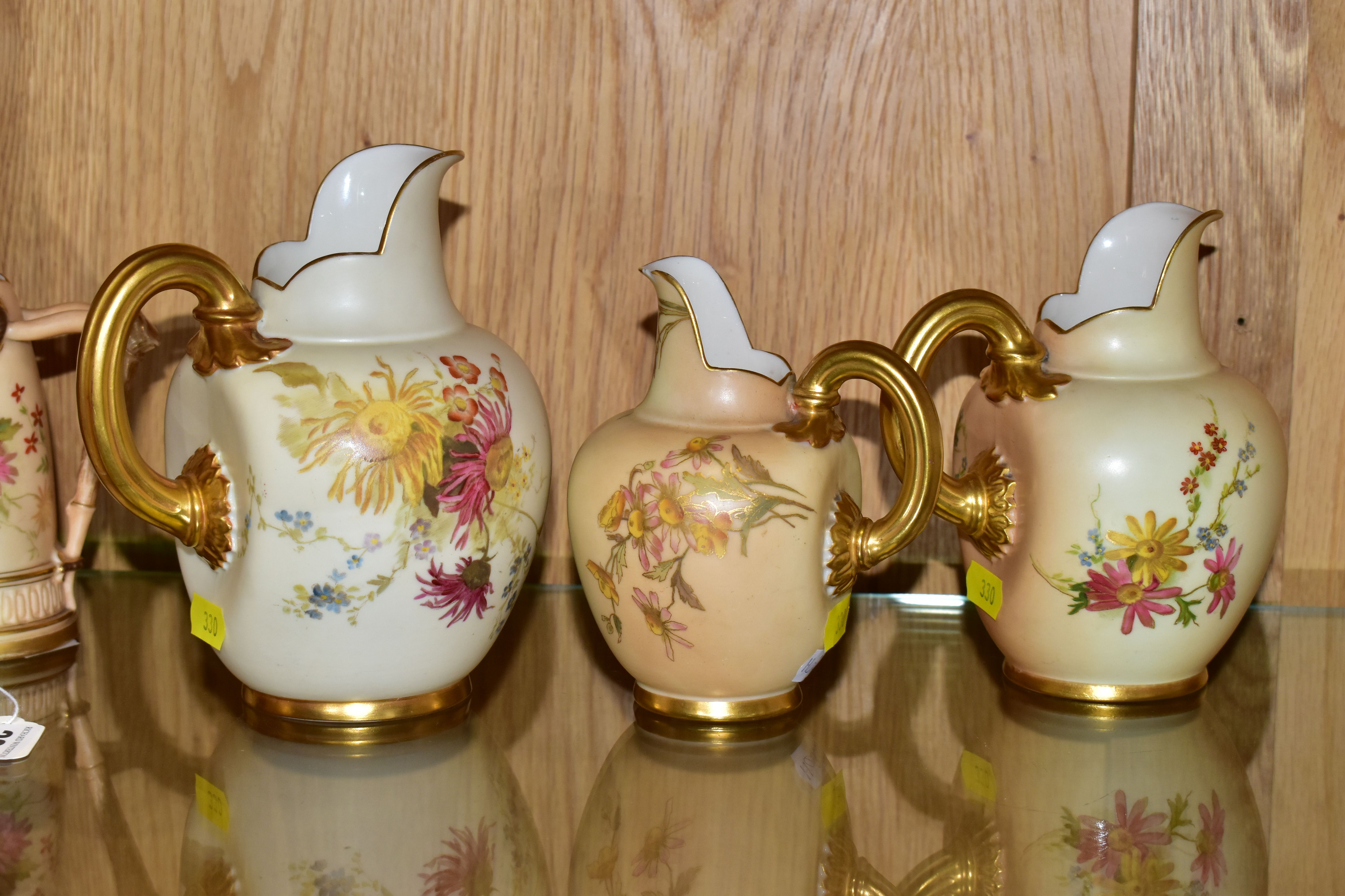 FIVE ROYAL WORCESTER BLUSH IVORY JUGS, each printed and tinted with flowers, with printed purple - Image 3 of 6