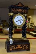 A FRENCH PORTICO CLOCK, inlaid foliate design, ebonized twisted columns, height 44cm (1) (