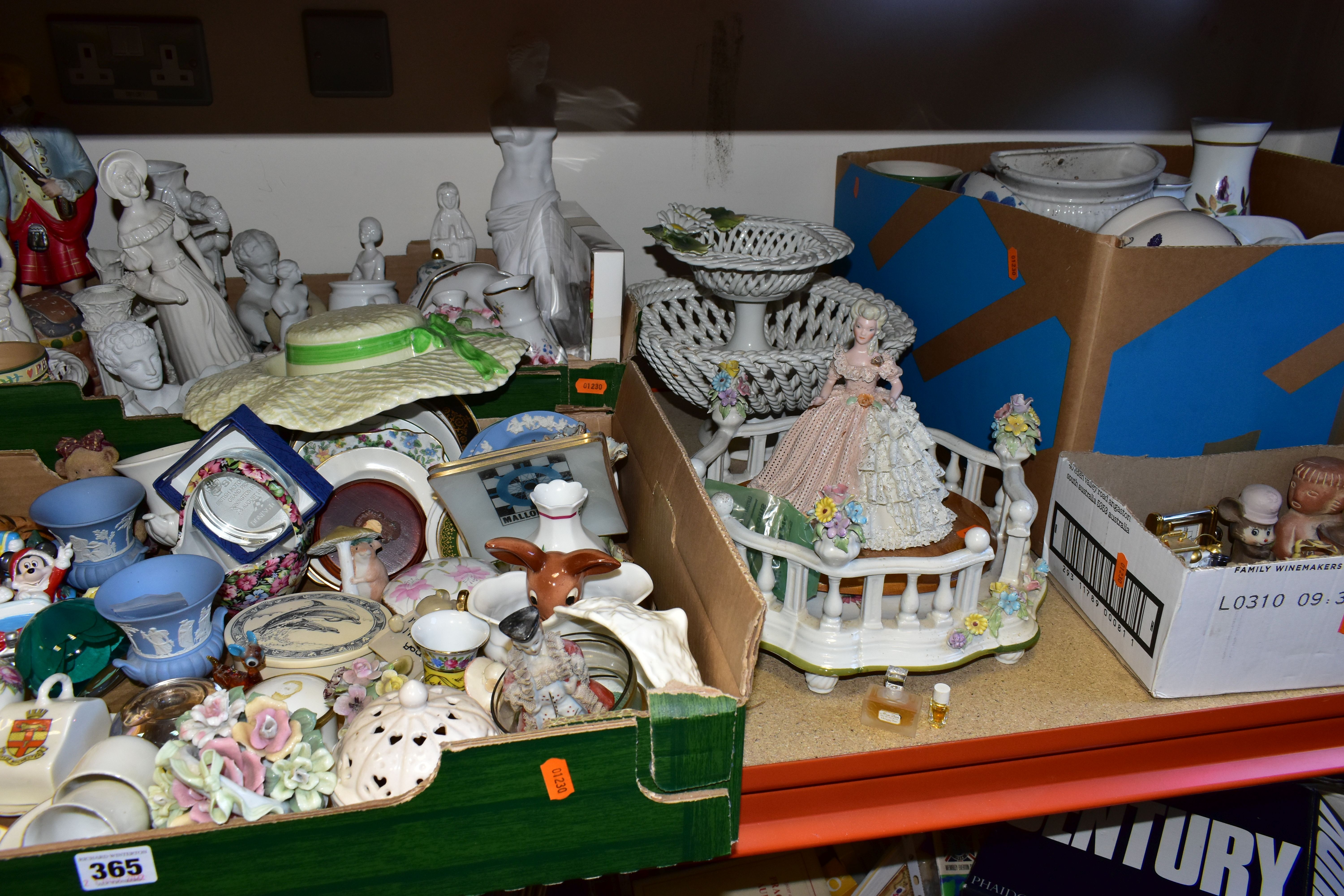 FOUR BOXES OF CERAMICS AND SUNDRIES, to include two miniature mantel clocks, a miniature alarm