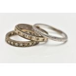 A 9CT GOLD RING AND TWO WHITE METAL RINGS, the first a white and yellow gold textured band ring,