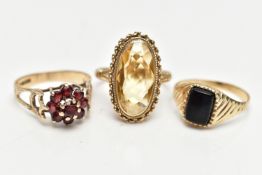 THREE 9CT GOLD RINGS, the first a yellow gold signet ring, set with a rectangular cut onyx stone,