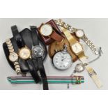 AN ASSORTMENT OF WRISTWATCHES AND A STOP WATCH, seven wristwatches, names to include Pulsar,