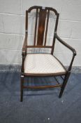 AN EDWARDIAN MAHOGANY AND INLAID ARMCHAIR, with open armrests, on front square tapering legs, united