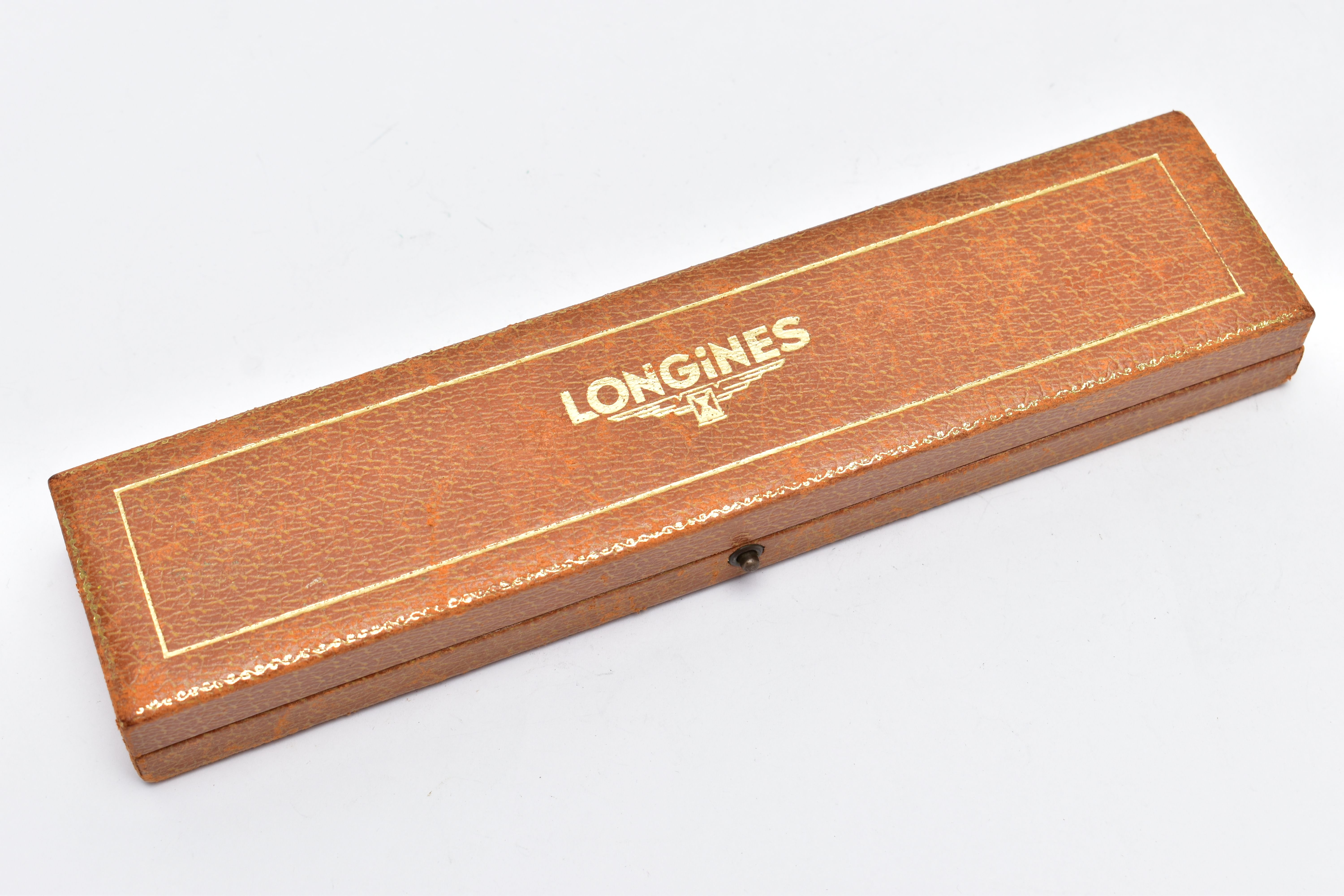 A 'LONGINES' WATCH BOX, a brown textured box, rectangular form, embossed gold detailed, signed '