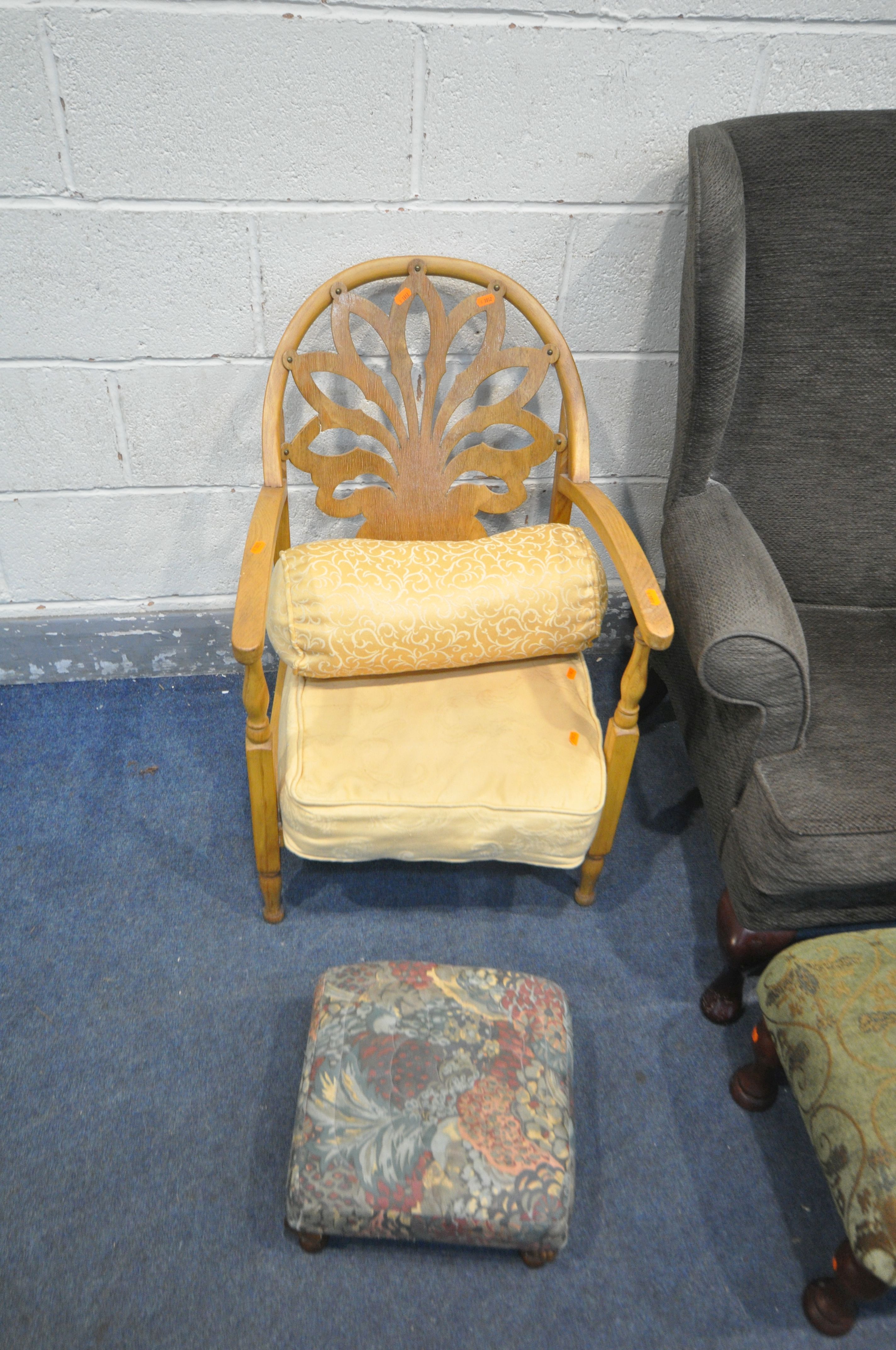 A BROWN UPHOLSTERED WING BACK ARMCHAIR, on front cabriole legs, a beech framed armchair, and two - Image 3 of 4