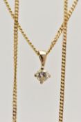 A 9CT GOLD DIAMOND PENDANT NECKLACE, a four claw set, round brilliant cut diamond, estimated diamond