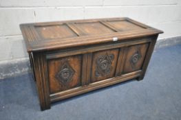 AN OAK BLANKET CHEST, width 107cm x depth 48cm x height 48cm